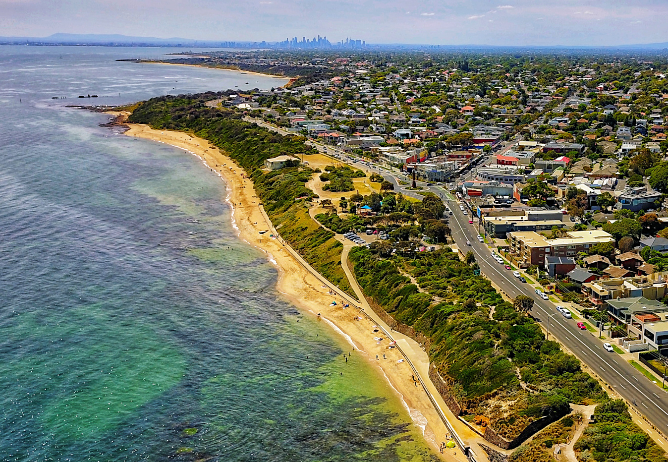 Aerial perspective of the Rock suburb relative to Port Philip Bay and the Melbourne CBD January 2019