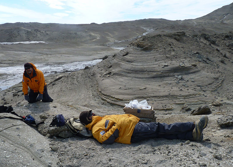 Dig site where the new fossils were found on Seymour Island, West Antarctica. Dr. Acosta Hospitaleche’s colleagues Sergio Santillana (left) and Javier N. Gelfo (right) are surrounded by fossils, both bagged to bring back to Argentina and littering the ground. Picture provided by Carolina Acosta Hospitaleche.